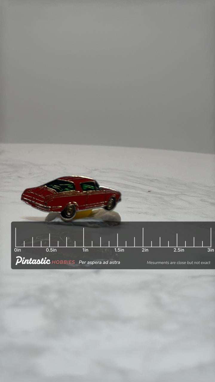 1963 Riviera Style Pin: Red Classic 60s Luxury Coupe Enamel Pin with ruler overlay for size reference