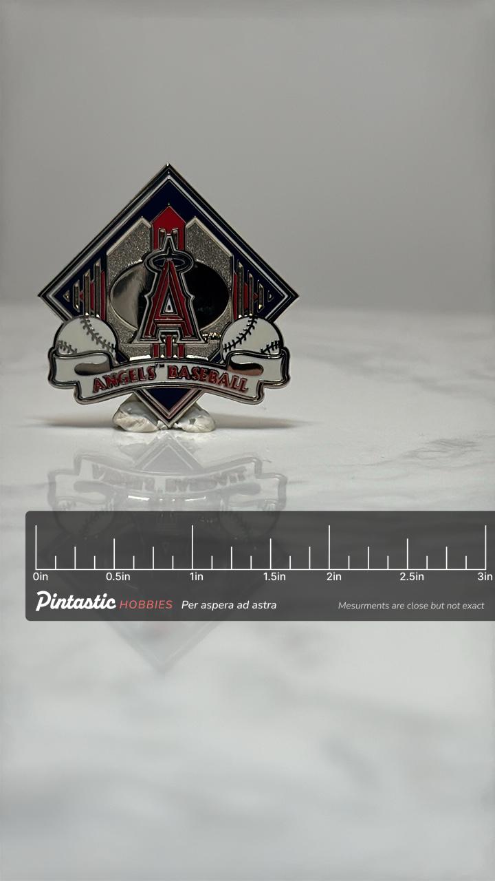 Angels Baseball Team Pin: Silver Red Enamel - MLB Collectible Accessory with ruler overlay for size reference