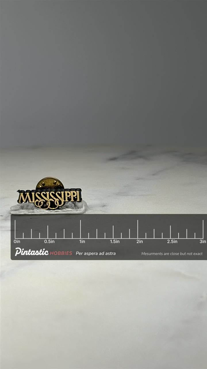 Mississippi State Souvenir Pin: Gold Tone Enamel - Travel Accessory with ruler overlay for size reference
