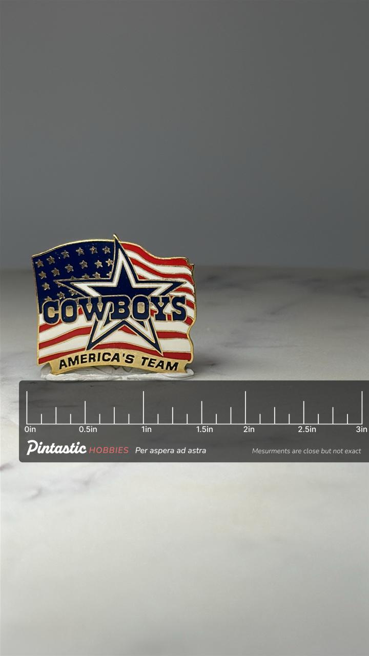 Dallas Cowboys Enamel Pin: Red White Blue - NFL Patriotic Accessory with ruler overlay for size reference