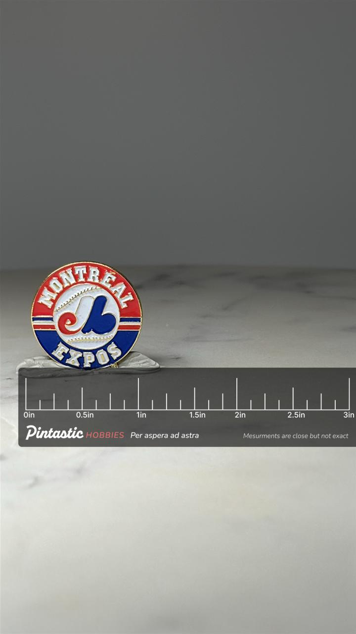 Montreal Expos Baseball Pin: Red Blue Enamel - MLB Sports Accessory with ruler overlay for size reference