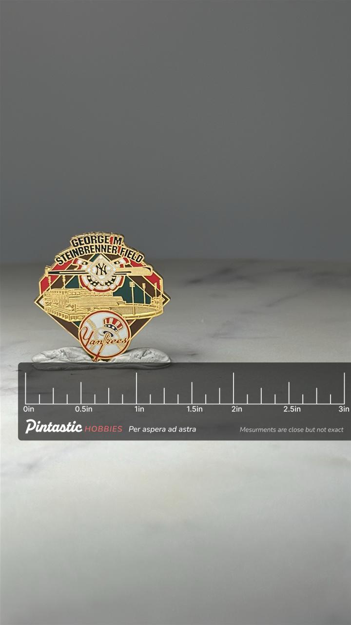 New York Yankees Stadium Pin: Gold Enamel - MLB Souvenir with ruler overlay for size reference