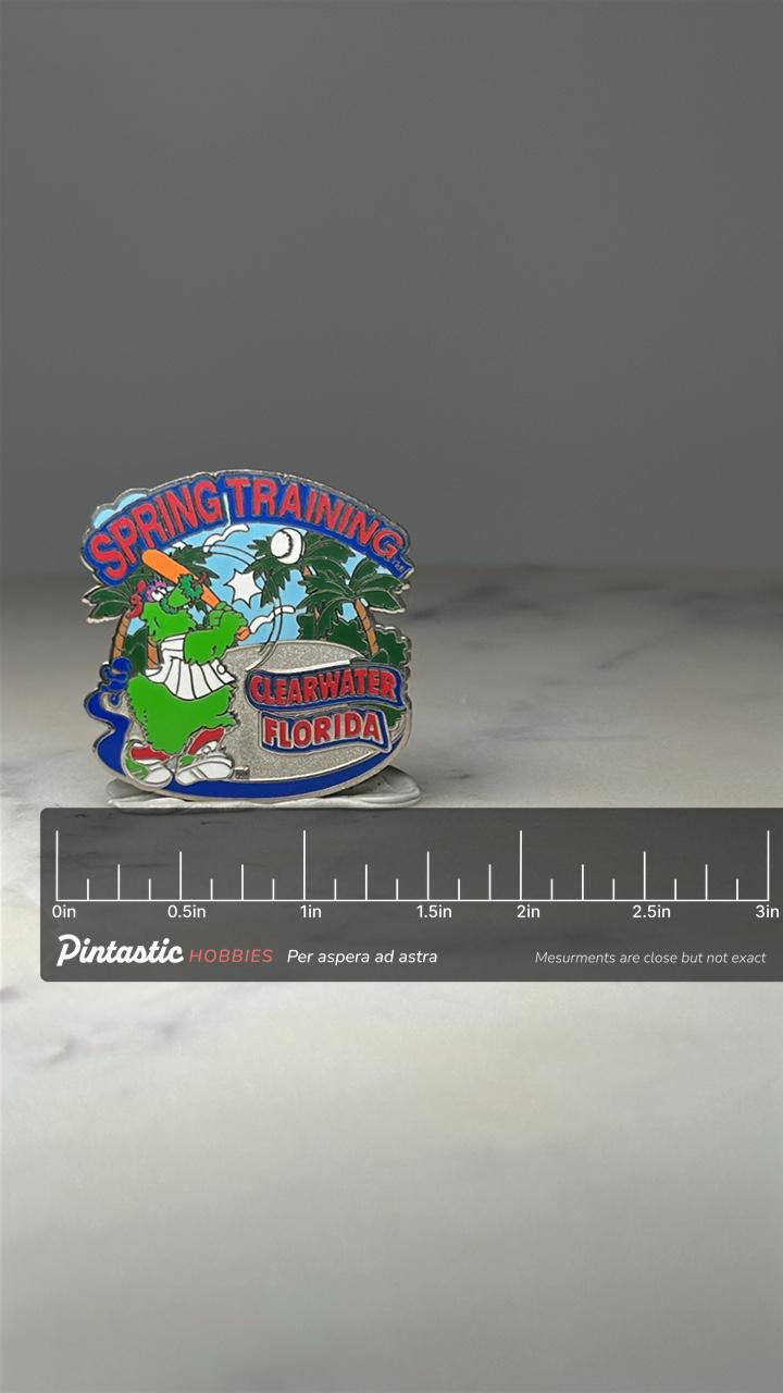 Spring Training Baseball Pin: Colorful Enamel - Clearwater Florida Souvenir with ruler overlay for size reference