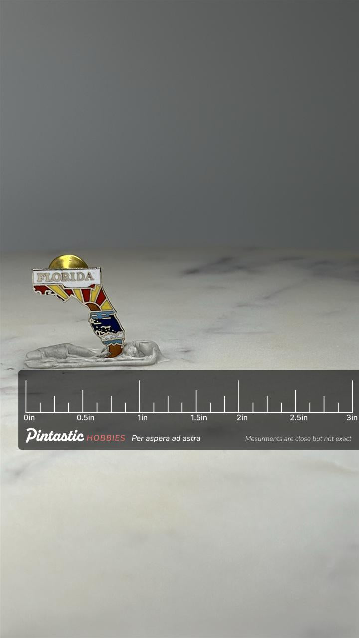 Florida State Souvenir Pin: Enamel Sunrise Ocean - Travel Accessory with ruler overlay for size reference