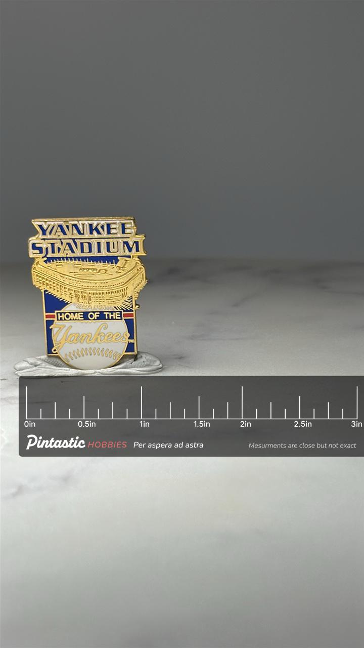 Yankee Stadium Enamel Pin: Gold Tone - MLB Baseball Souvenir with ruler overlay for size reference