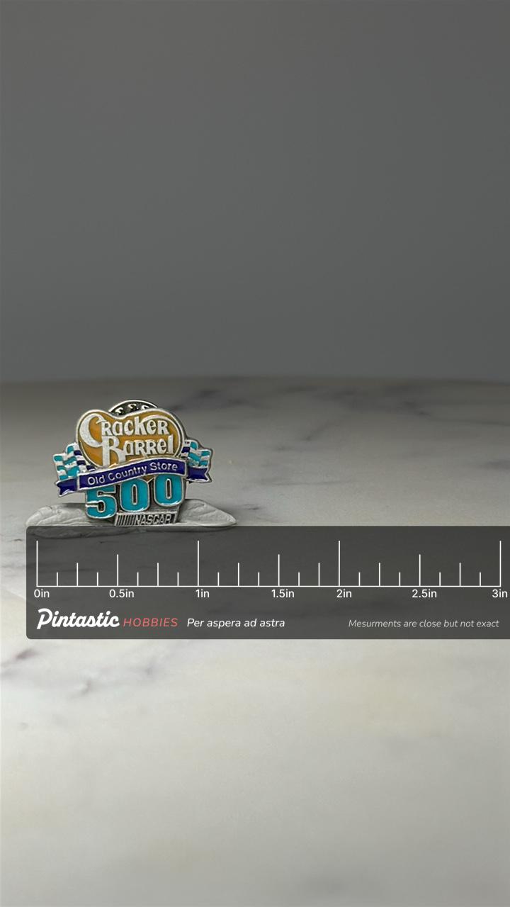 Cracker Barrel NASCAR 500 Pin: Enamel Silver - Racing Souvenir with ruler overlay for size reference