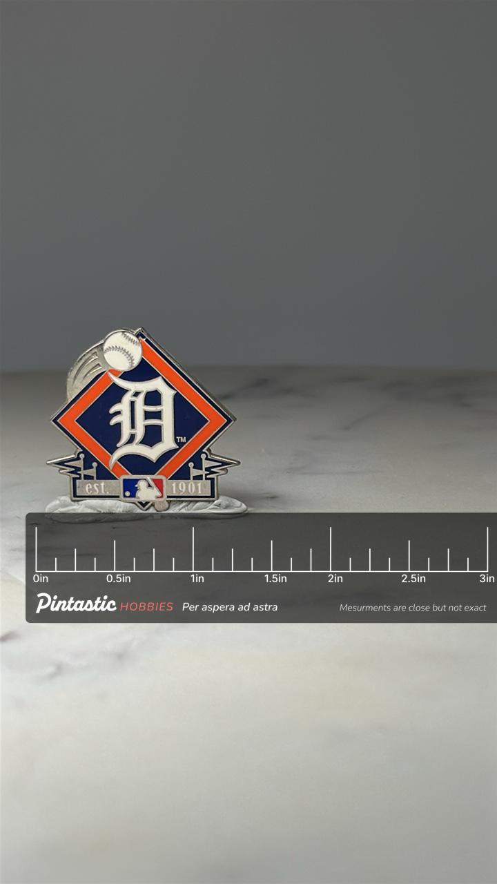 Detroit Tigers MLB Logo Pin: Navy Orange Enamel - Baseball Fan Accessory with ruler overlay for size reference