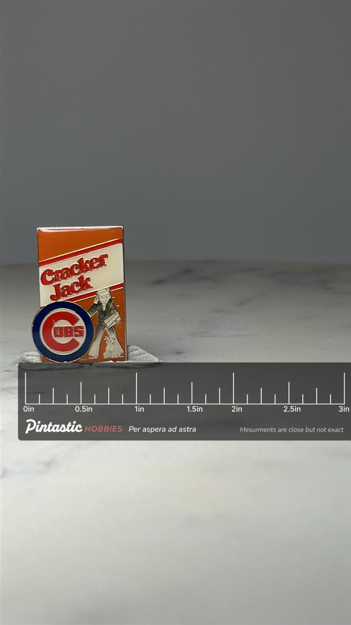 Cracker Jack Chicago Cubs Pin: Enamel Logo - MLB Promo Accessory with ruler overlay for size reference