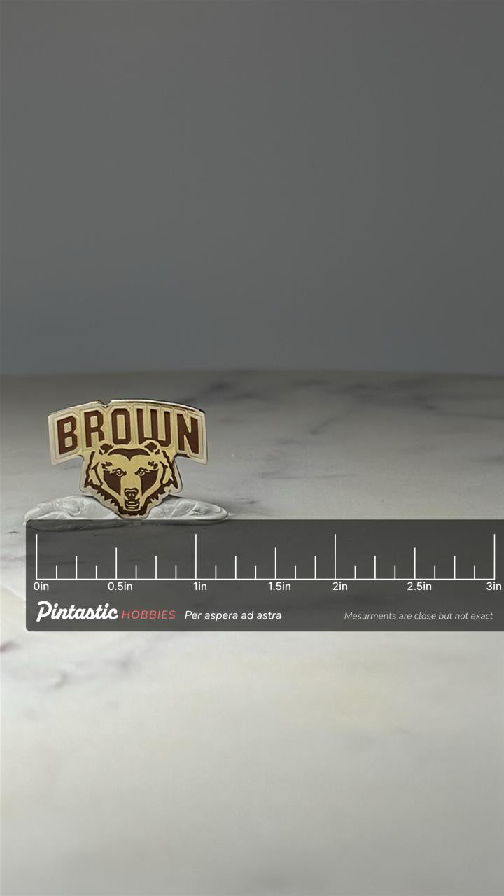 Brown University Bears Enamel Pin: Brown Gold - College Spirit Accessory with ruler overlay for size reference