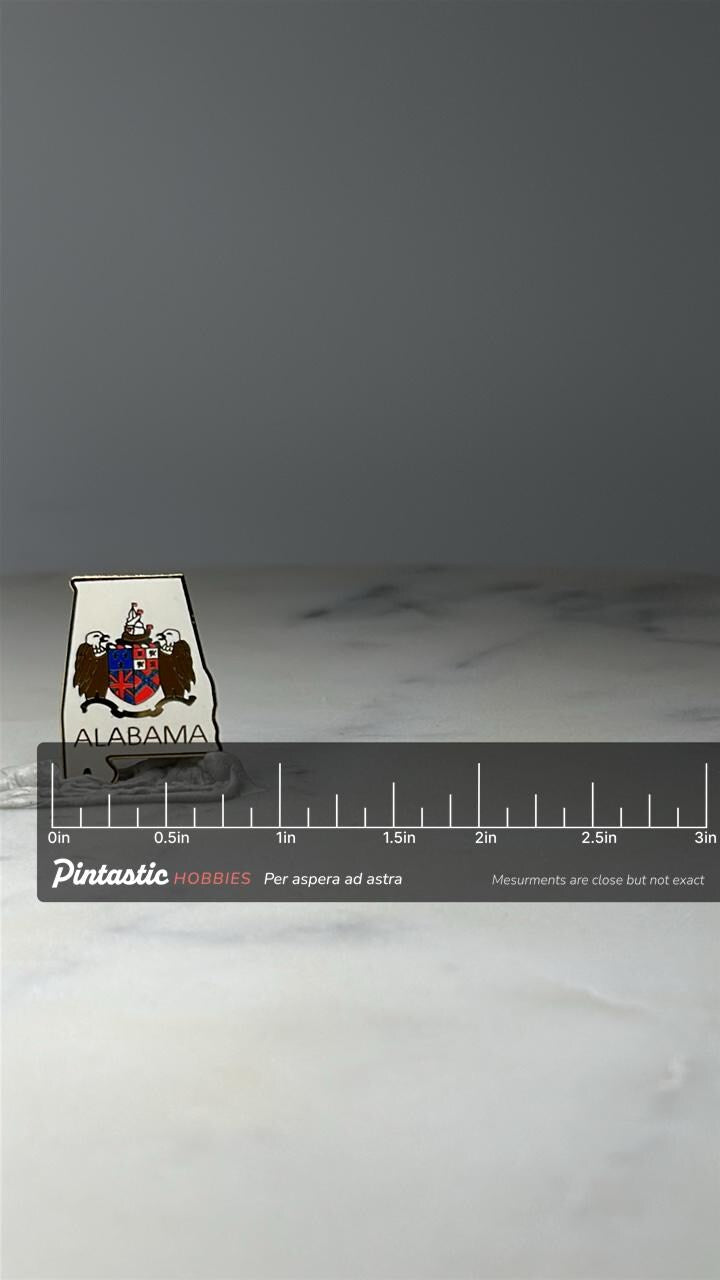 Alabama State Crest Lapel Pin: White Enamel - Souvenir Accessory with ruler overlay for size reference
