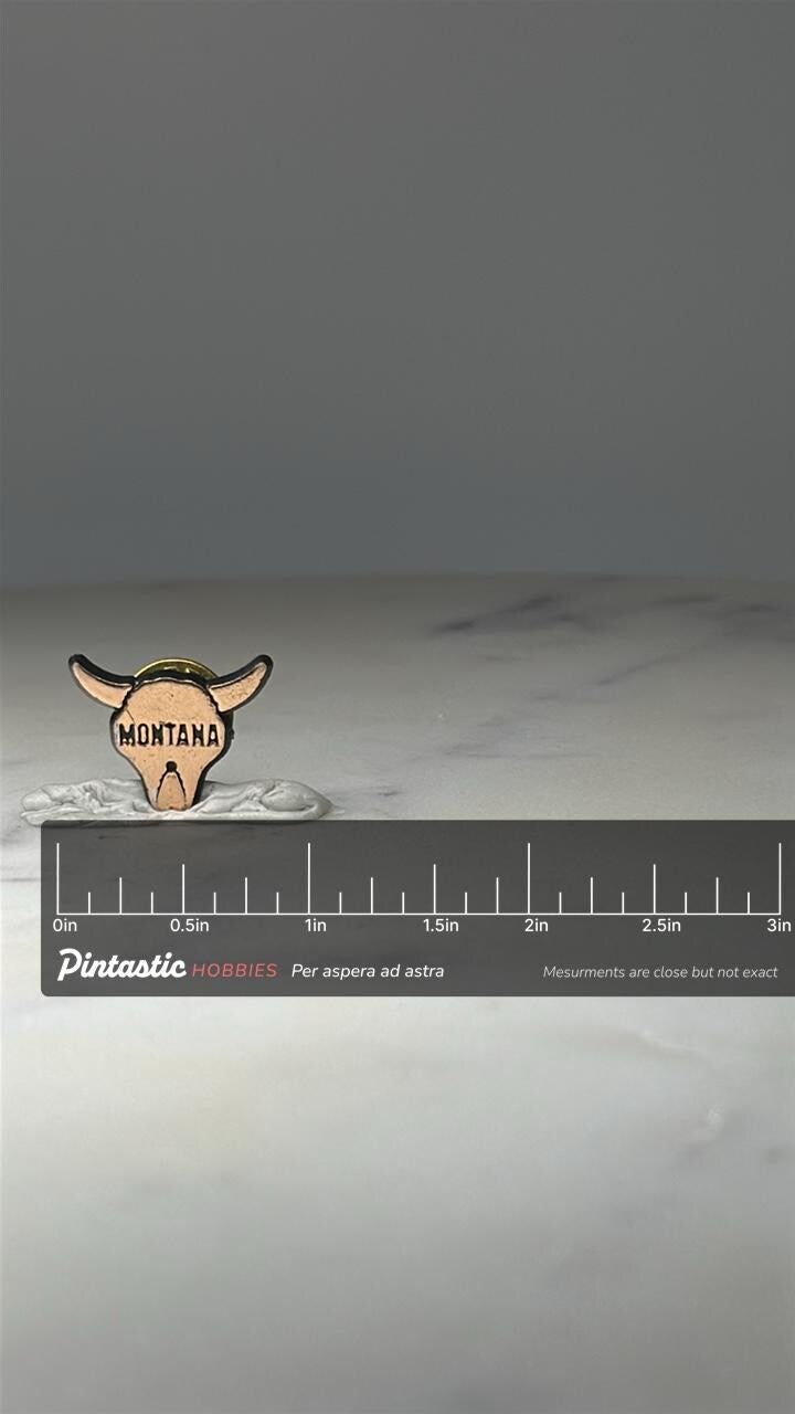 Montana Longhorn Skull Lapel Pin: Gold Tone Enamel - Western Souvenir Accessory with ruler overlay for size reference