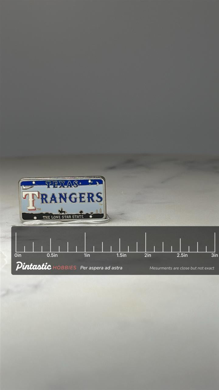 Texas Rangers License Plate Pin: Enamel - MLB Baseball Accessory with ruler overlay for size reference