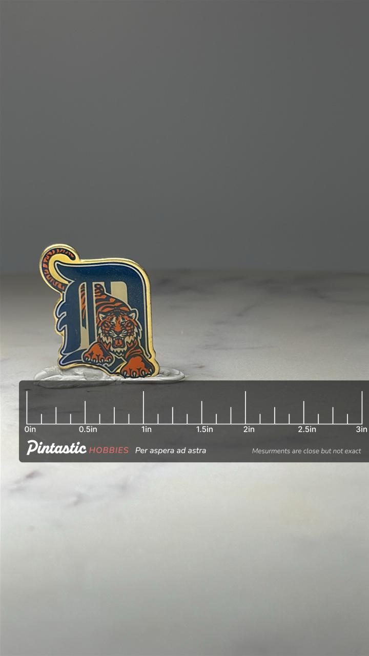 Detroit Tigers Logo Enamel Pin: Navy & Orange - MLB Sports Accessory with ruler overlay for size reference