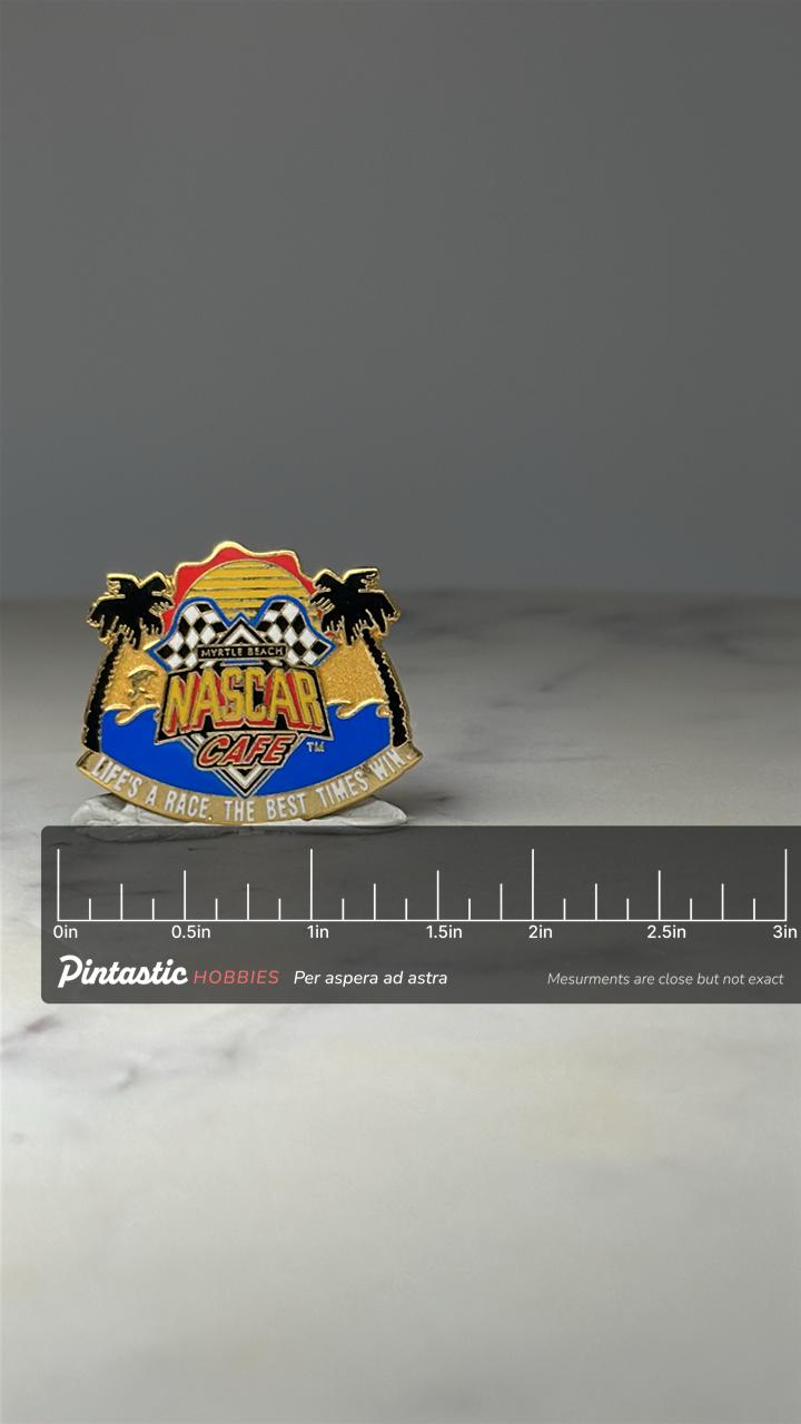 Myrtle Beach NASCAR Cafe Pin: Colorful Enamel - 1990s Souvenir with ruler overlay for size reference