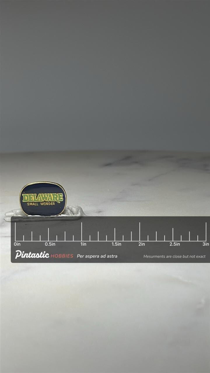 Delaware Small Wonder State Pin: Blue Gold Enamel - Travel Souvenir with ruler overlay for size reference