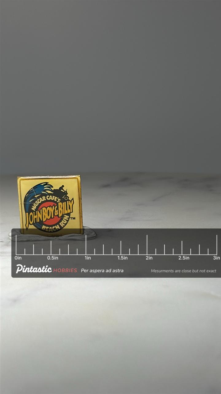 NASCAR John Boy & Billy Pin: Gold Tone Enamel - Beach Run with ruler overlay for size reference