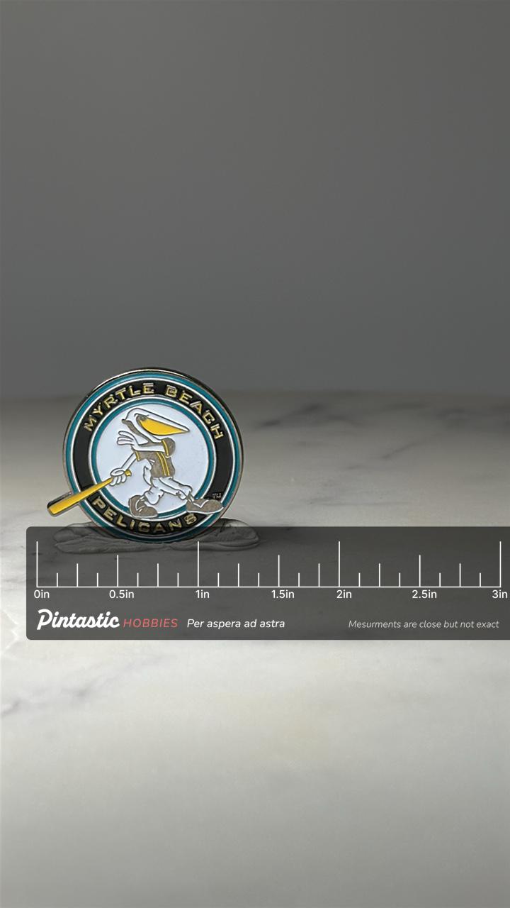 Myrtle Beach Pelicans Baseball Pin: Enamel Mascot - Sports Accessory with ruler overlay for size reference