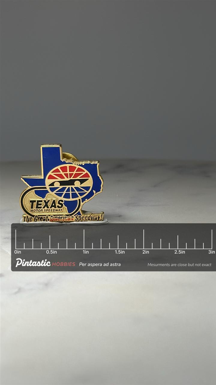 Texas Motor Speedway Enamel Pin: Blue Gold - Racing Accessory with ruler overlay for size reference