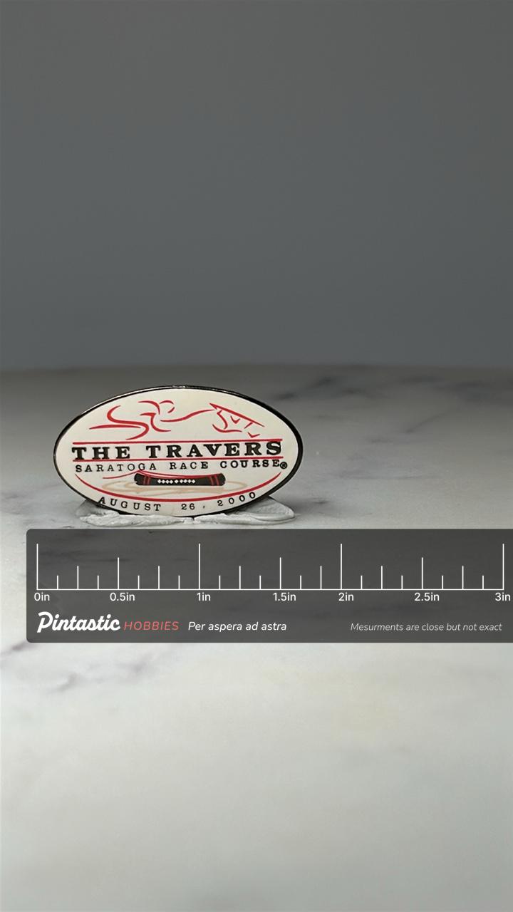 The Travers Saratoga Race Course Pin: Red Enamel - 2000 Horse Racing Accessory with ruler overlay for size reference