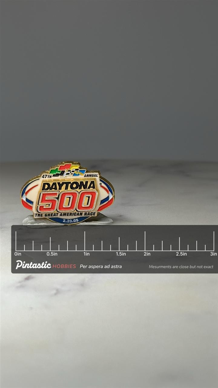 Daytona 500 Racing Lapel Pin: Enamel Gold Tone - 2005 NASCAR Accessory with ruler overlay for size reference