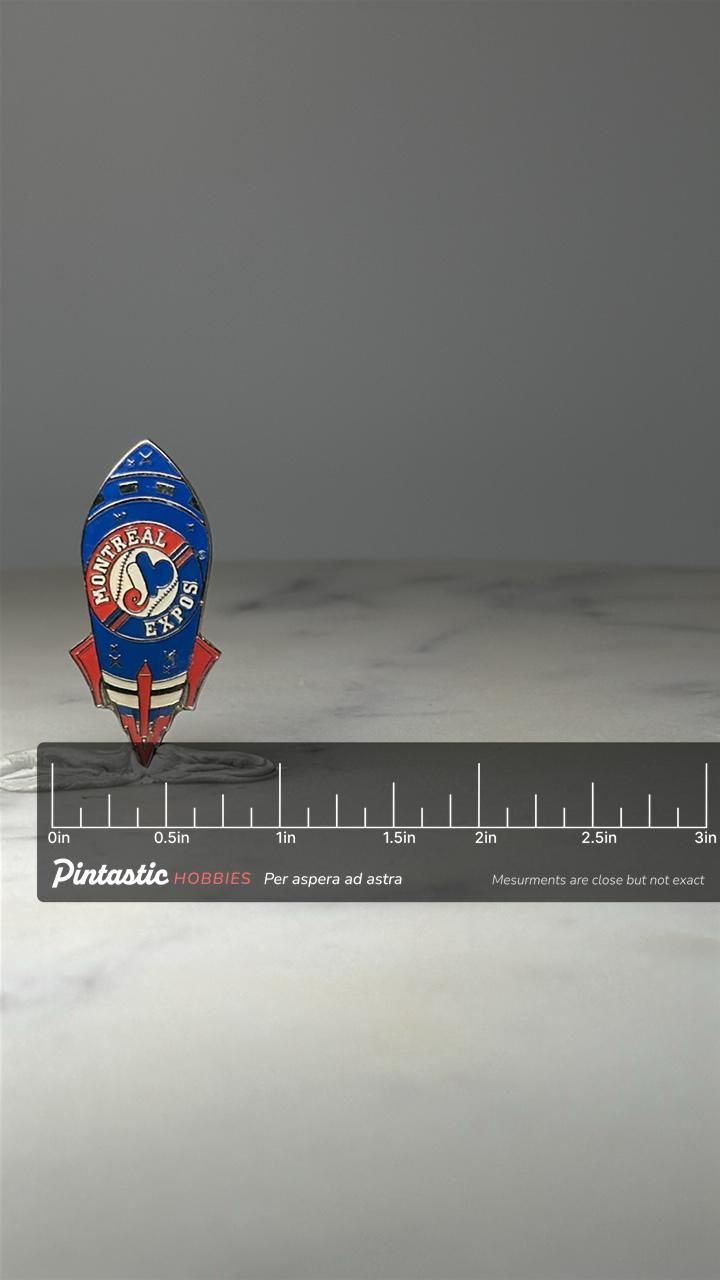 Montreal Expos Rocket Pin: Red Blue Enamel - MLB Retro Accessory with ruler overlay for size reference