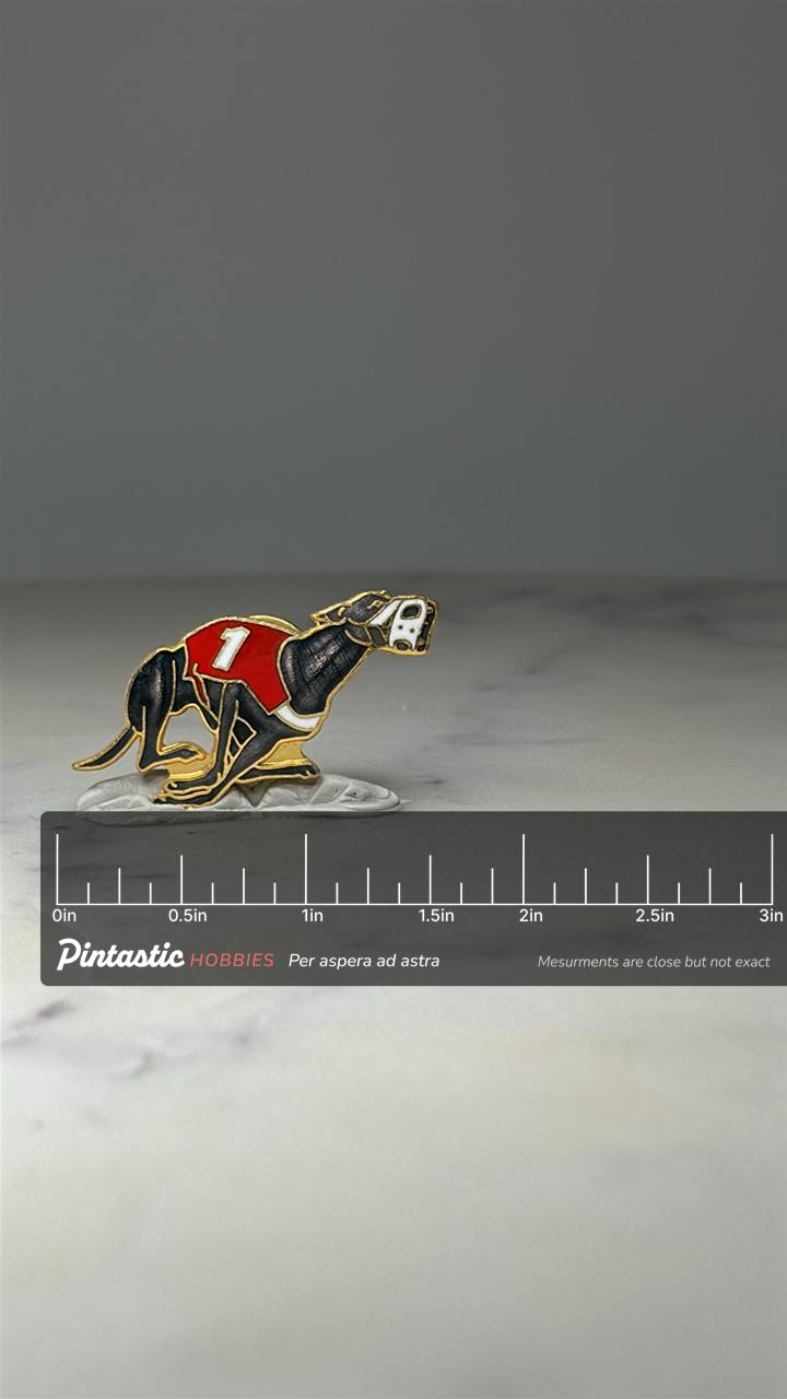 Greyhound Racing Dog Enamel Pin: Red Gold Tone - Vintage Sport Accessory with ruler overlay for size reference