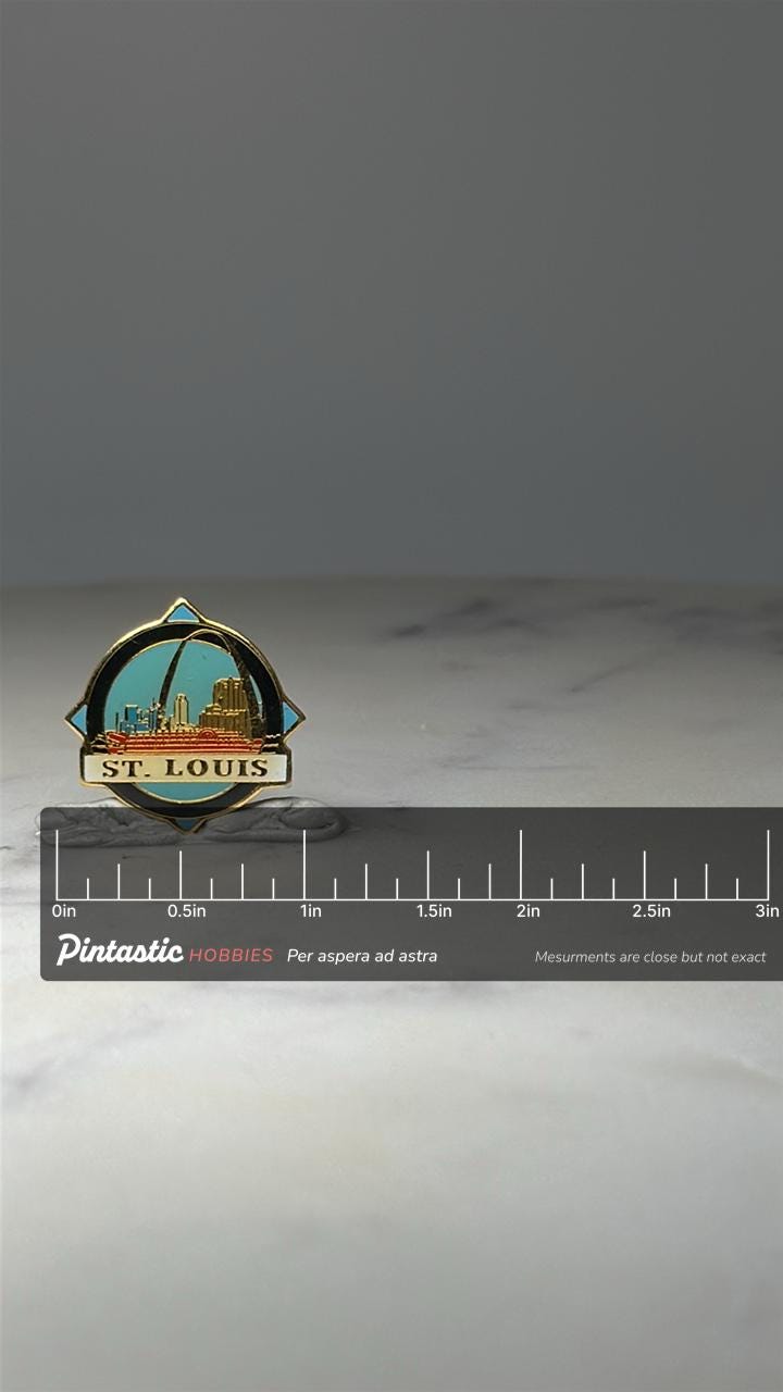 St Louis Skyline Souvenir Pin: Gold Tone Enamel - City Landmark Accessory with ruler overlay for size reference