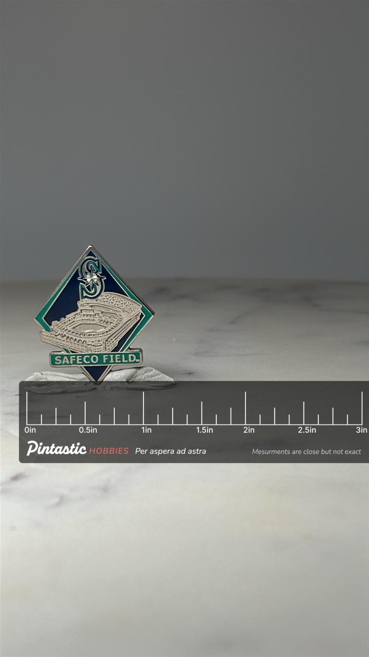 Seattle Mariners Stadium Pin: Silver Enamel - Safeco Field Era Accessory with ruler overlay for size reference