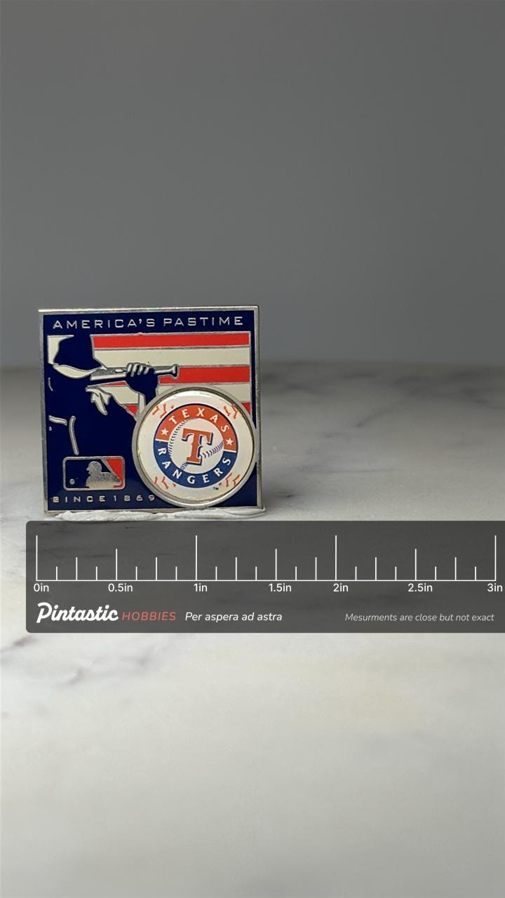 Texas Rangers Baseball Pin: Red White Blue Enamel - MLB Accessory with ruler overlay for size reference
