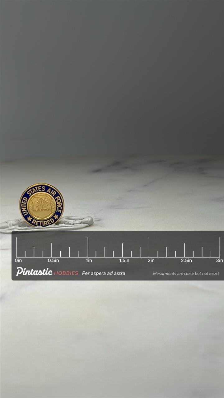 US Air Force Retired Pin: Gold Blue Enamel - Veteran Military with ruler overlay for size reference