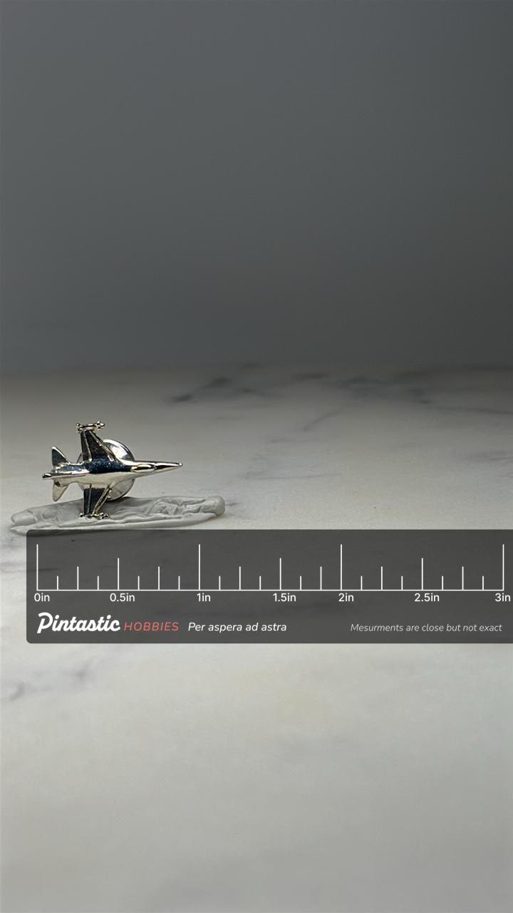 Jet Fighter Airplane Pin: Silver Tone - Aviation Accessory with ruler overlay for size reference
