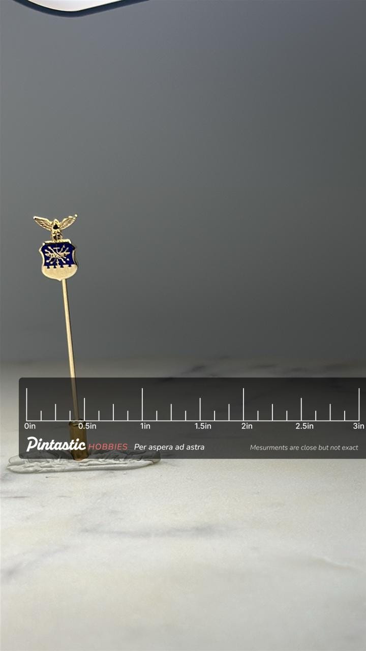 US Air Force Eagle Shield Stick Pin Military Hat Lapel Insignia Gold Tone with ruler overlay for size reference