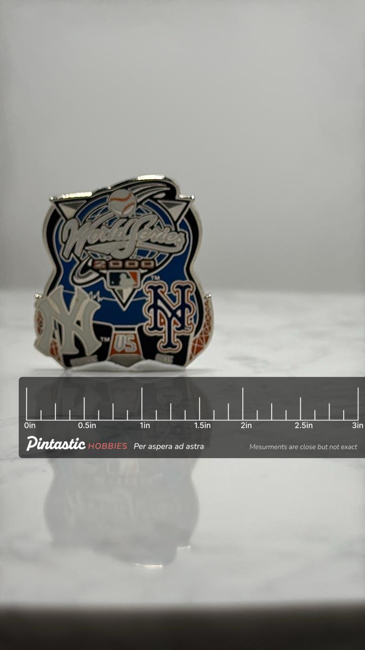 MLB World Series 2000 Pin: Blue Enamel - Subway Series Accessory with ruler overlay for size reference