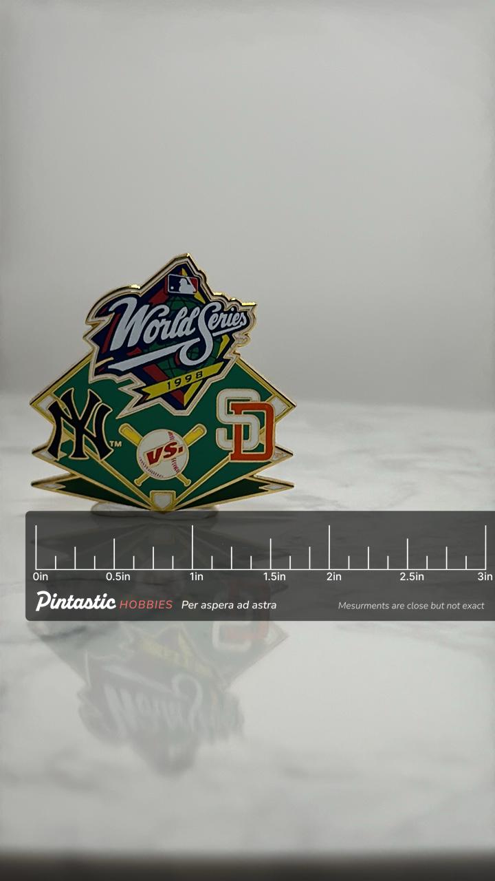 1998 World Series Baseball Pin: Gold Tone Enamel - MLB Sports Accessory with ruler overlay for size reference
