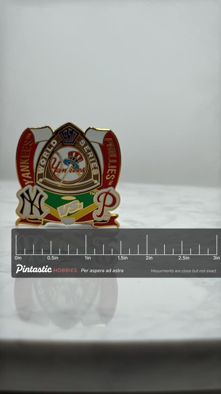Yankees vs Phillies World Series Pin: Gold Enamel - 1950 MLB with ruler overlay for size reference