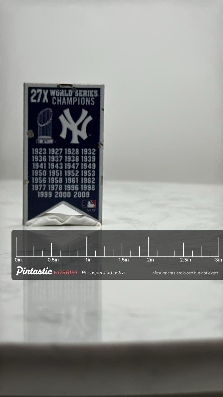 New York Yankees Banner Pin: Blue Enamel - MLB Champions Souvenir with ruler overlay for size reference