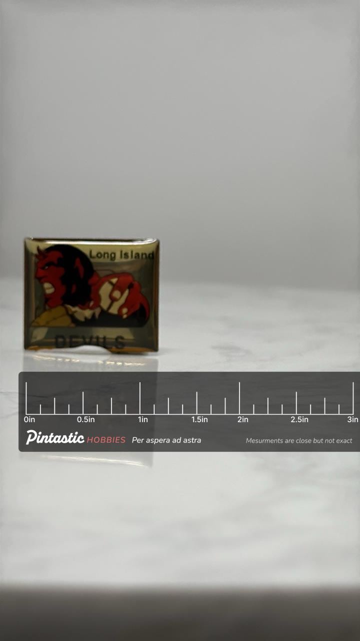 Long Island Devils Baseball Pin: Acrylic Dome - 1990s Sports Accessory with ruler overlay for size reference