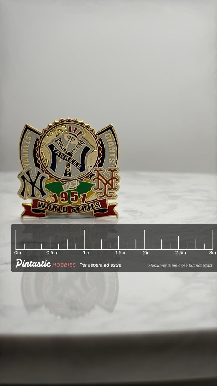 Yankees vs Giants World Series Pin: Gold Enamel - 1951 MLB with ruler overlay for size reference