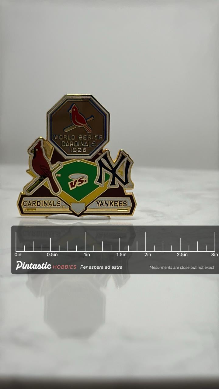 Cardinals vs Yankees Pin: Gold Enamel - 1926 World Series with ruler overlay for size reference