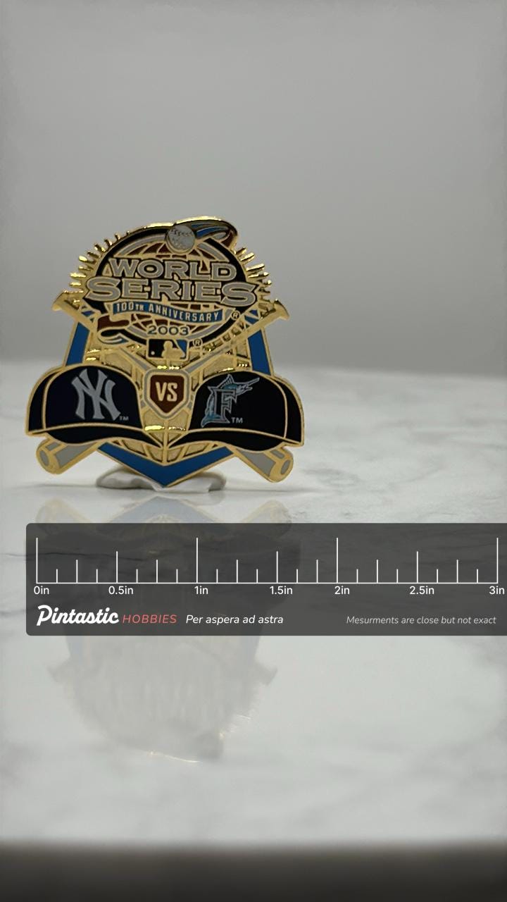 2003 World Series Enamel Pin: Gold Tone - MLB 100th Anniversary with ruler overlay for size reference