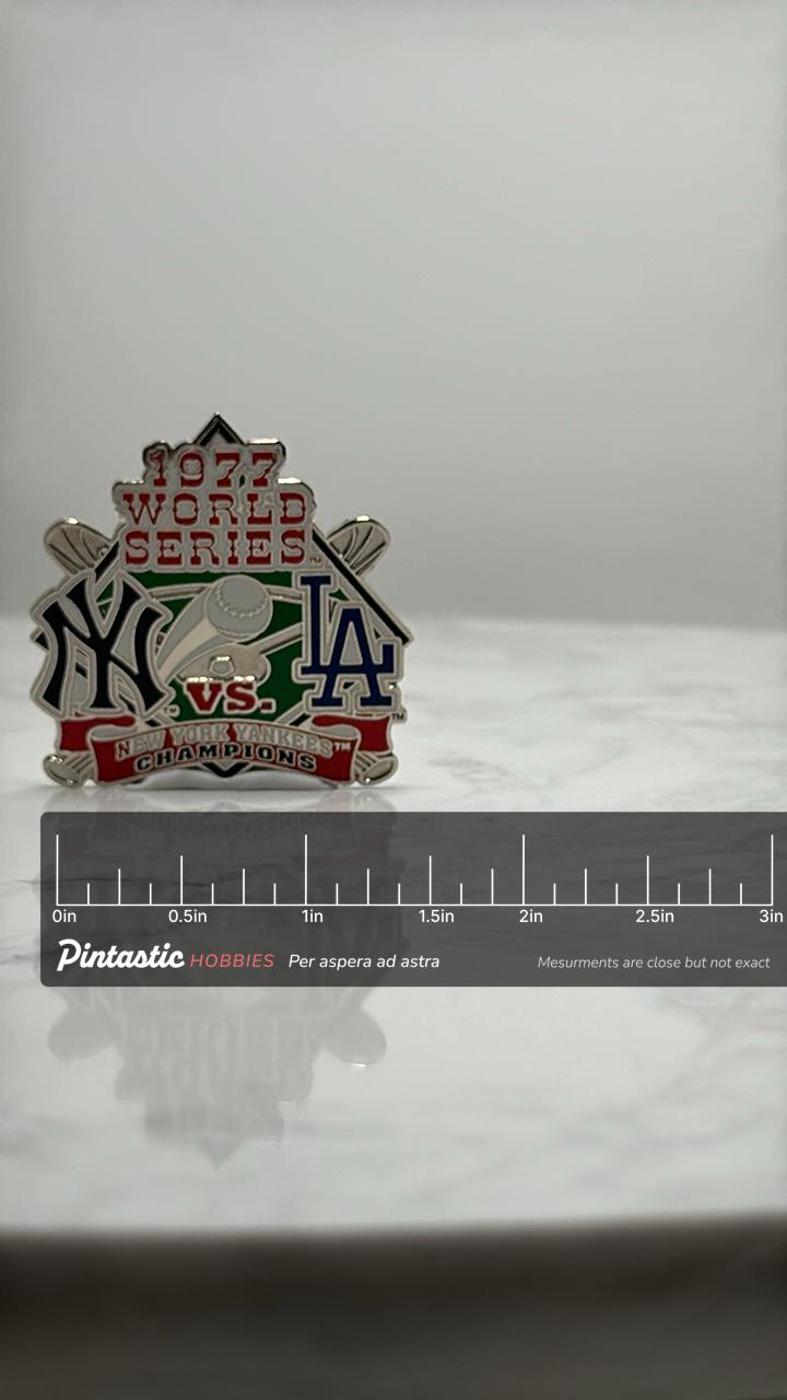 1977 World Series Baseball Pin: Enamel MLB - Yankees vs Dodgers Accessory with ruler overlay for size reference