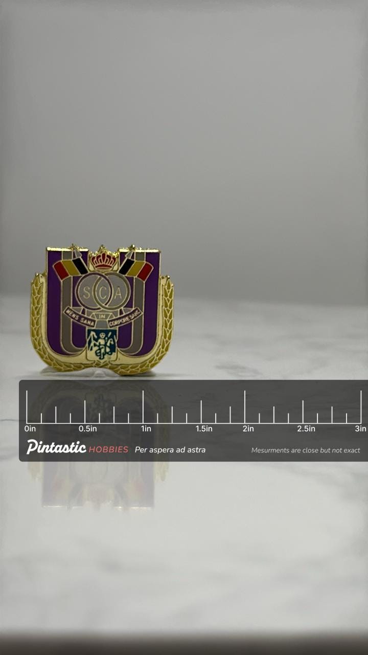 RSC Anderlecht Crest Pin: Gold Tone Enamel - Belgium Soccer Accessory with ruler overlay for size reference