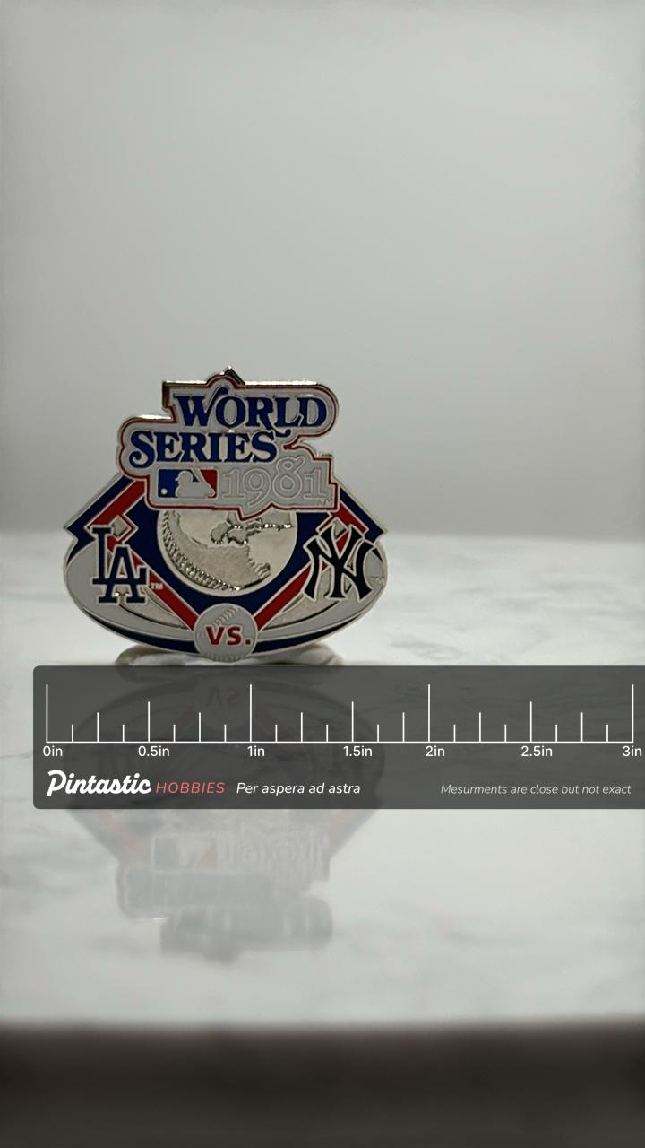 1981 World Series Baseball Pin: Enamel - LA vs NY MLB Classic with ruler overlay for size reference
