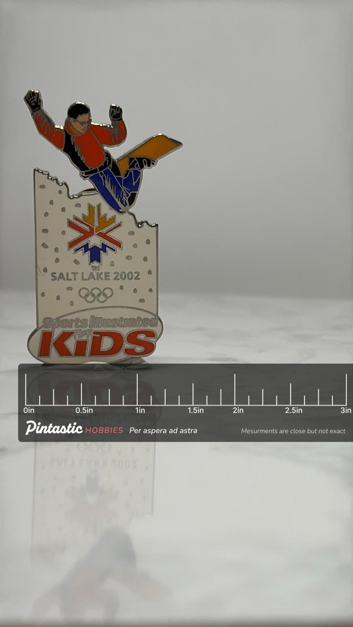 Salt Lake 2002 Olympics Pin: Enamel Snowboarder - Winter Games Accessory with ruler overlay for size reference
