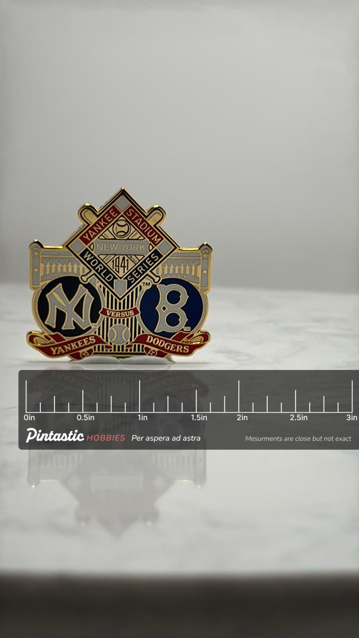 Yankees vs Dodgers Lapel Pin: Gold Enamel - 1941 World Series with ruler overlay for size reference
