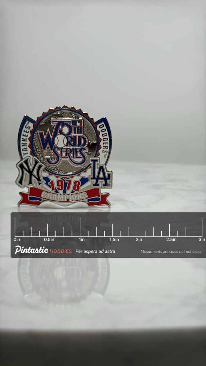 1978 World Series Baseball Pin: Red White Blue - MLB Champions with ruler overlay for size reference