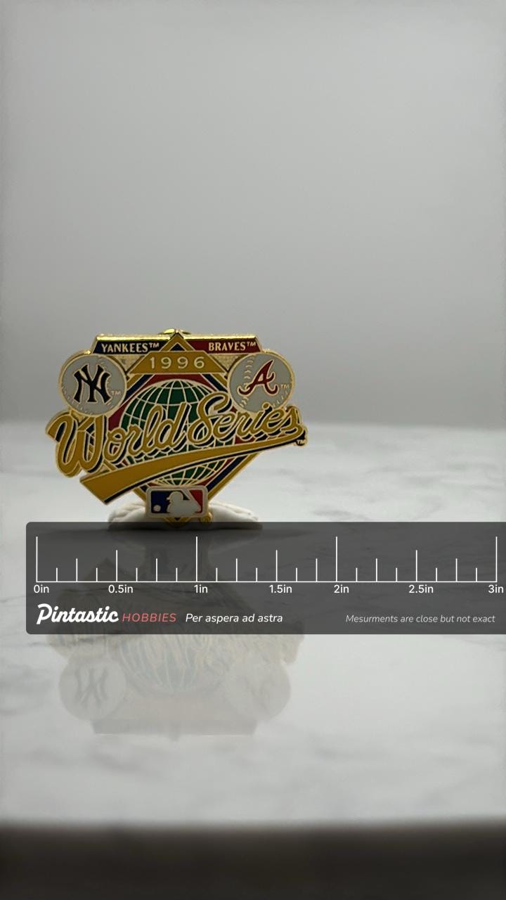 1996 World Series Baseball Pin: Gold Enamel - MLB Yankees Braves with ruler overlay for size reference