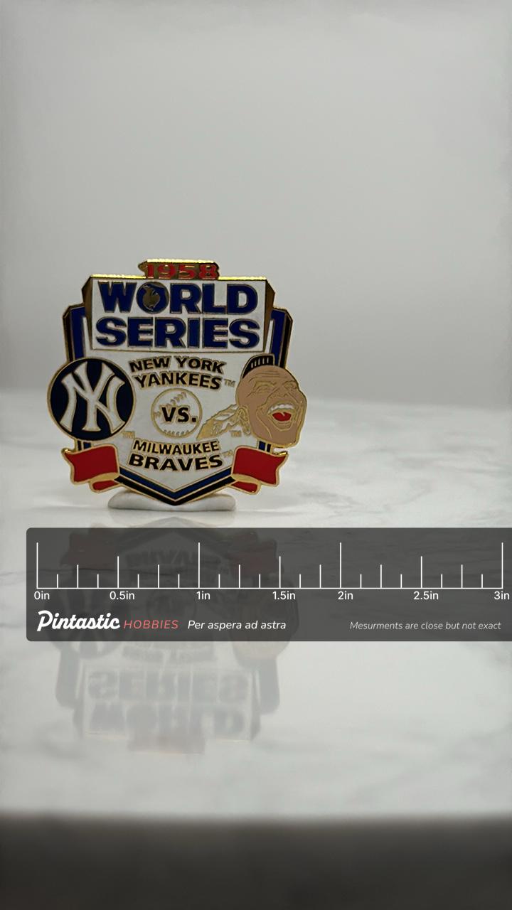1958 World Series Baseball Pin: Enamel Gold Tone - MLB Classic with ruler overlay for size reference