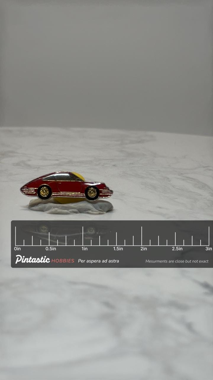 Porsche 911 enamel pin: red classic 70s 80s sports car lapel pin with ruler overlay for size reference