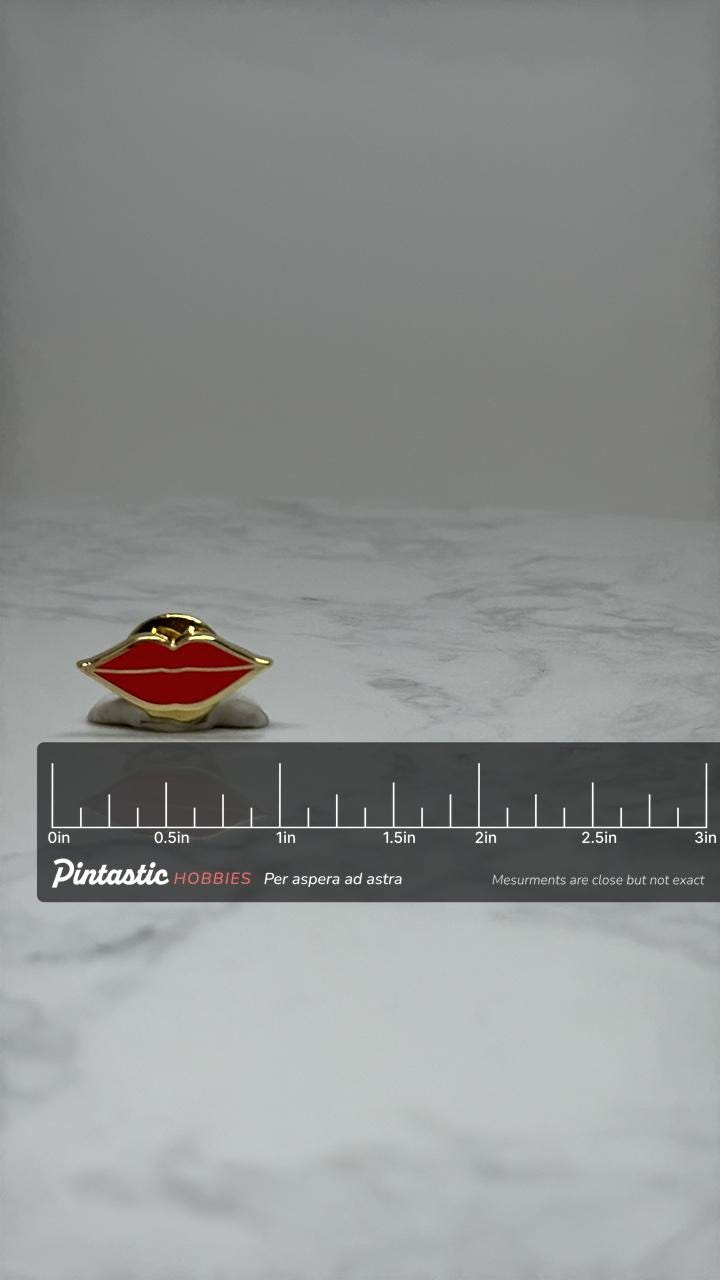 Red Lips Enamel Pin: Gold Tone Finish - Retro Glam Accessory with ruler overlay for size reference